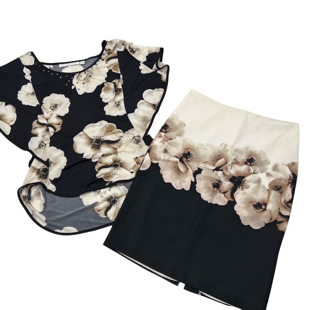 New York & Company XS Floral Stretch Top & Skirt Set Black & Beige Polyester Ble